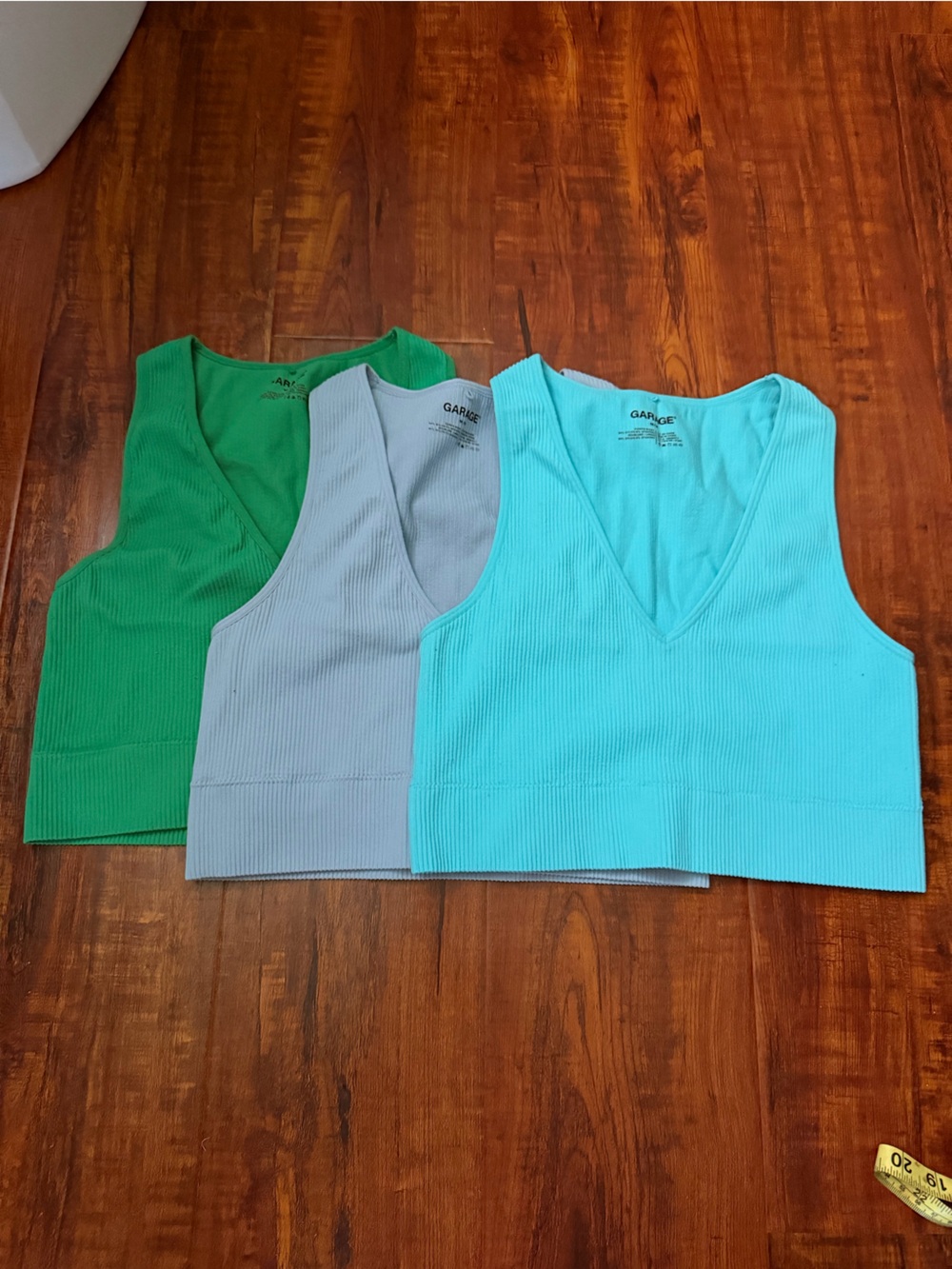 Garage Ribbed V-Neck Crop Tank Trio - light grey, Green, Light Blue